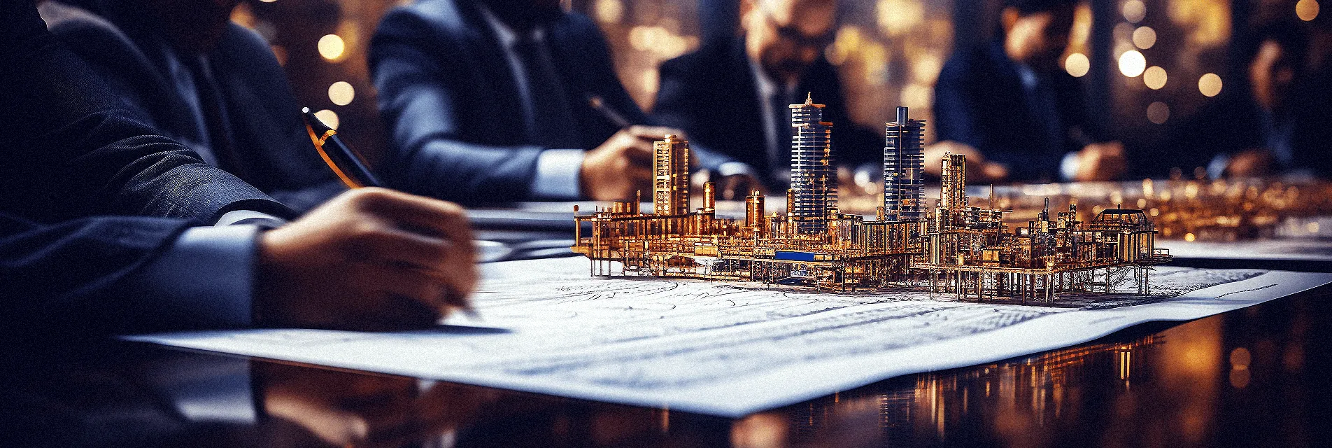 Proje masasında imzalanan cephe teklifi ve şehir maketi